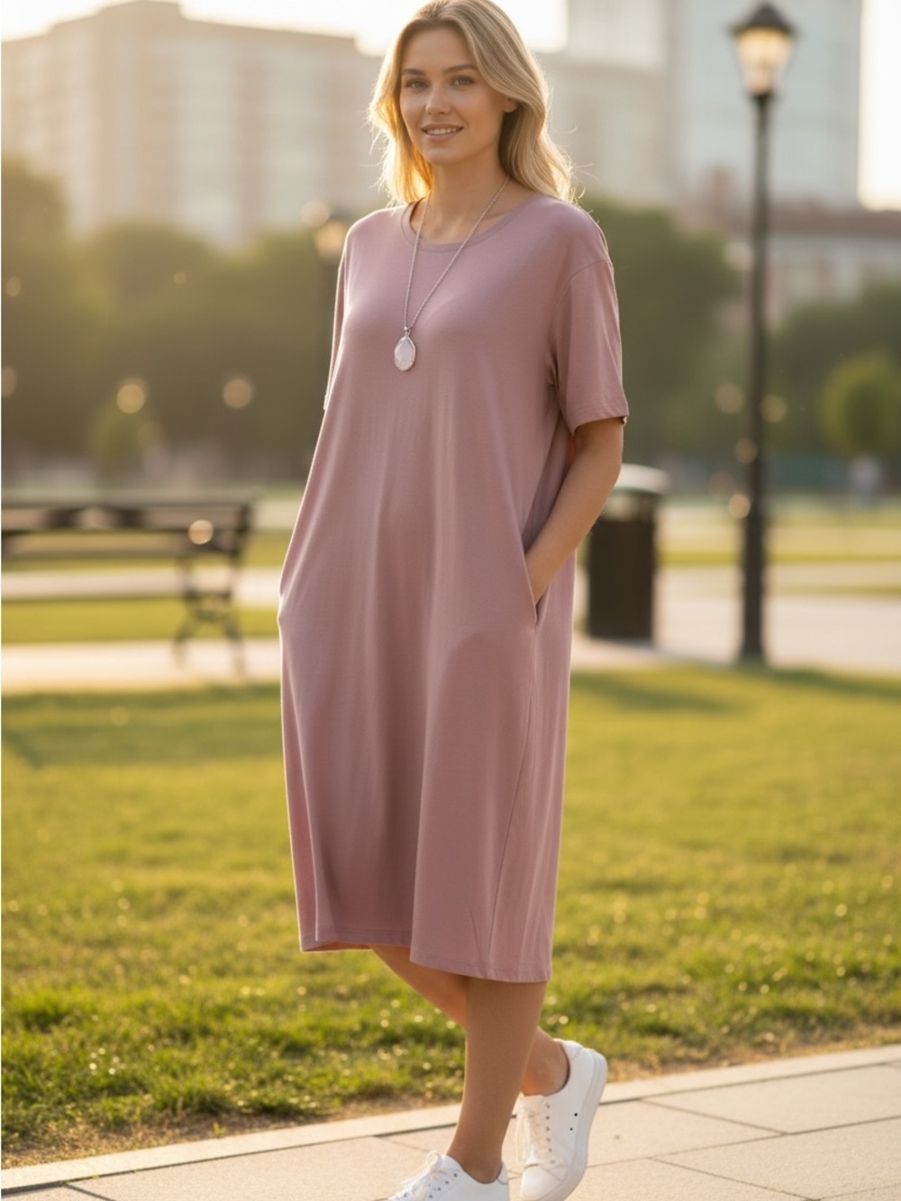LOGO by Lori Goldstein Dusty Rose Short-Sleeve Midi Dress